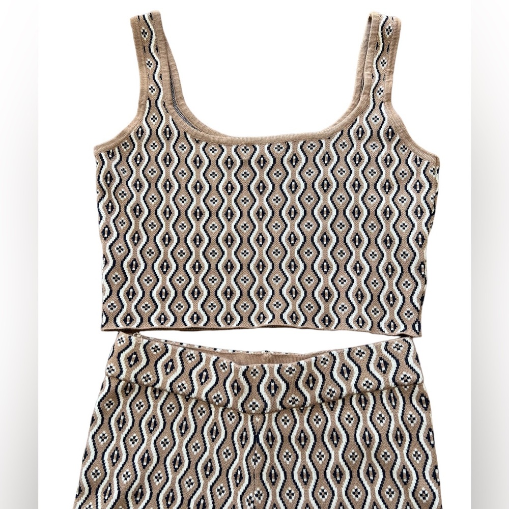 Lilyful, Size Small, crop top and flare pants set that is blue, tan and white